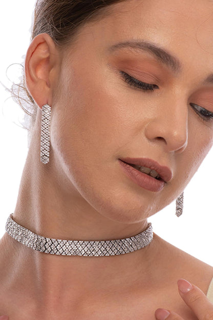 Silver Finish Cubic Zirconia Choker Necklace Set In Sterling Silver