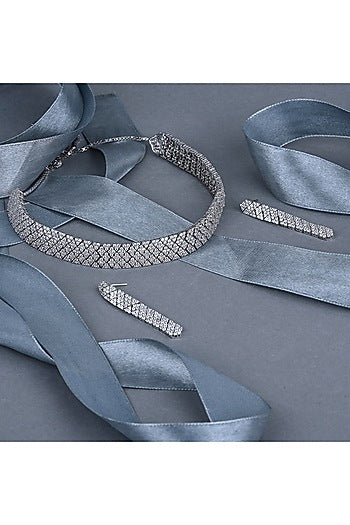 Silver Finish Cubic Zirconia Choker Necklace Set In Sterling Silver