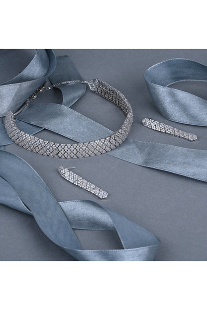 Silver Finish Cubic Zirconia Choker Necklace Set In Sterling Silver