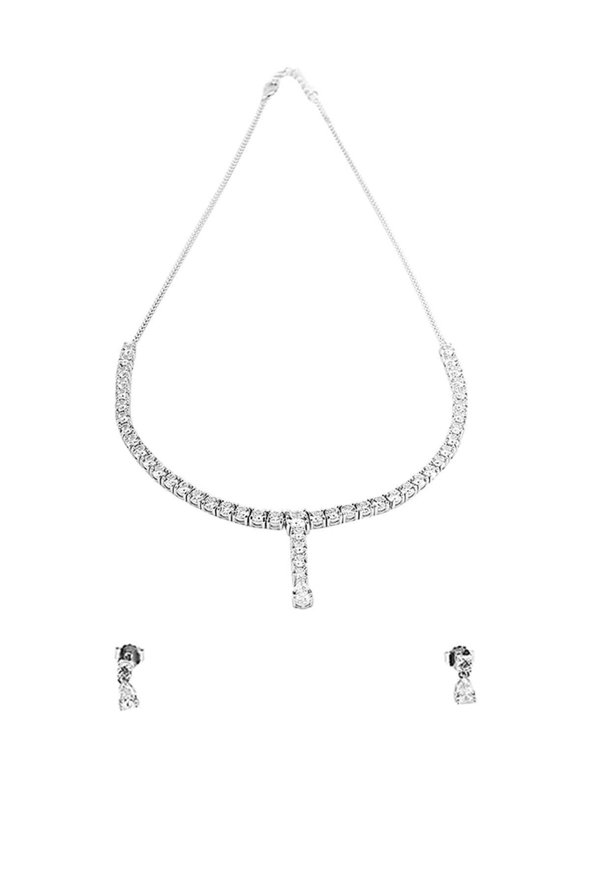 Silver Finish Cubic Zirconia Necklace Set In Sterling Silver