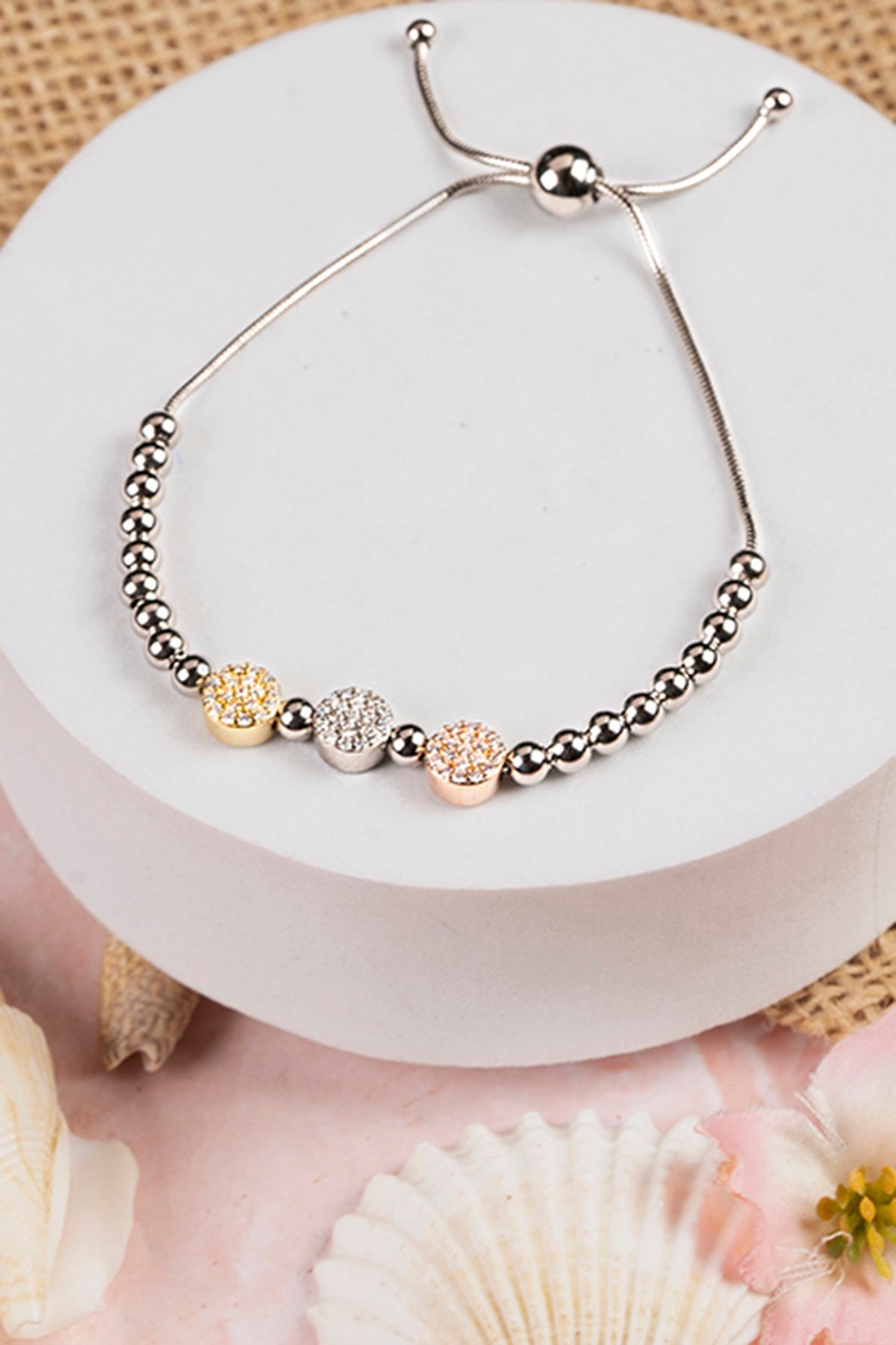 White Finish CZ & Multi-Colored Beaded Bracelet In Sterling Silver