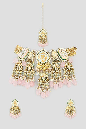 Gold Finish Kundan Polki Necklace Set