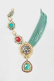 Gold Finish Green Quartz & Polki Meenakari Long Necklace