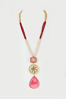 Gold Finish Red Agates & Polki Meenakari Long Necklace
