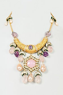 Gold Finish Rose Quartz & Polki Long Necklace