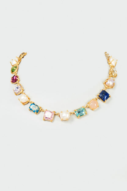 Gold Finish Multi-Colored Stone Necklace