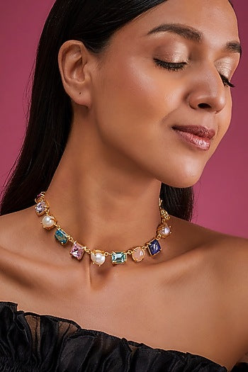 Gold Finish Multi-Colored Stone Necklace