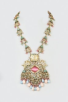 Gold Finish Pink Semi Precious Stone & Polki Meenakari Long Necklace