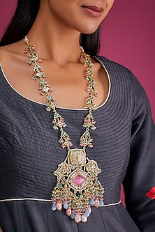 Gold Finish Pink Semi Precious Stone & Polki Meenakari Long Necklace