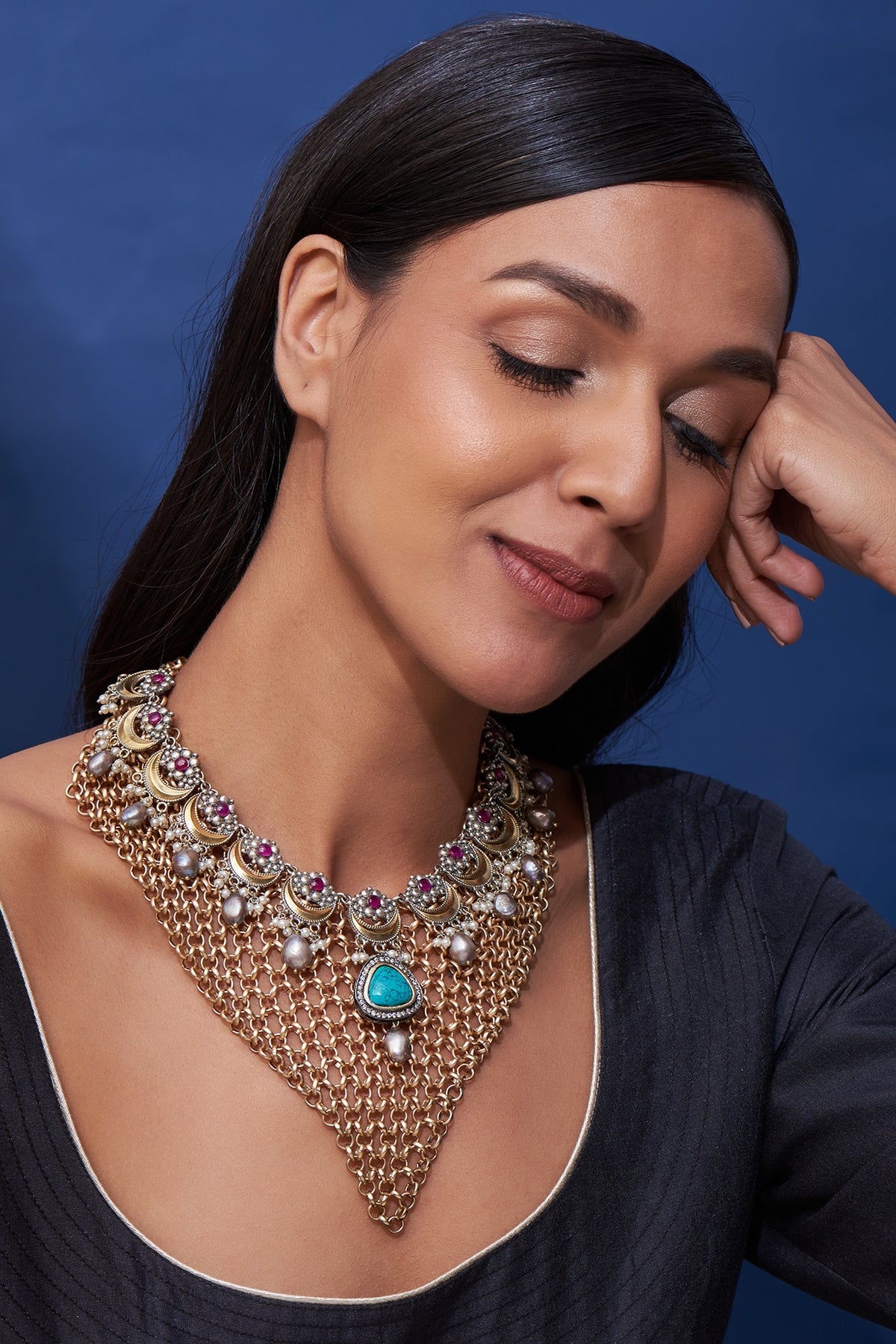 Gold Finish Turquoise Stone Handmade Necklace