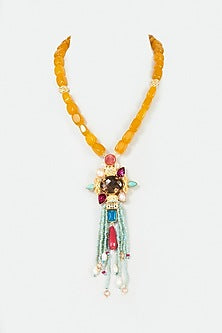 Gold Finish Yellow Agates & Crystal Beaded Long Necklace