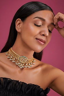 Gold Finish White Faux Pearl & Polki Meenakari Choker Necklace