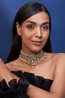 Gold Finish White Faux Pearl & Polki Meenakari Choker Necklace