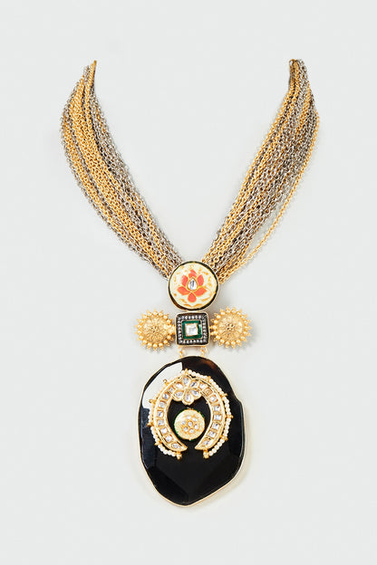Two Tone Finish Black Semi-Precious Stone Meenakari Necklace