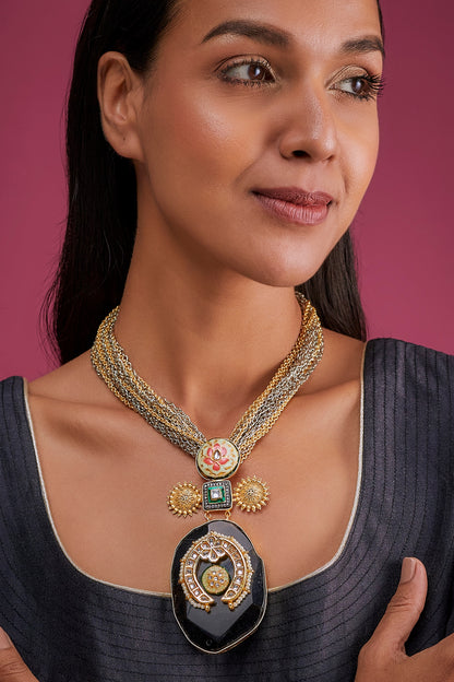 Two Tone Finish Black Semi-Precious Stone Meenakari Necklace