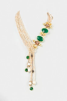 Gold Finish Pink Semi-Precious Stone & Crystal Bead Necklace