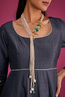 Gold Finish Pink Semi-Precious Stone & Crystal Bead Necklace