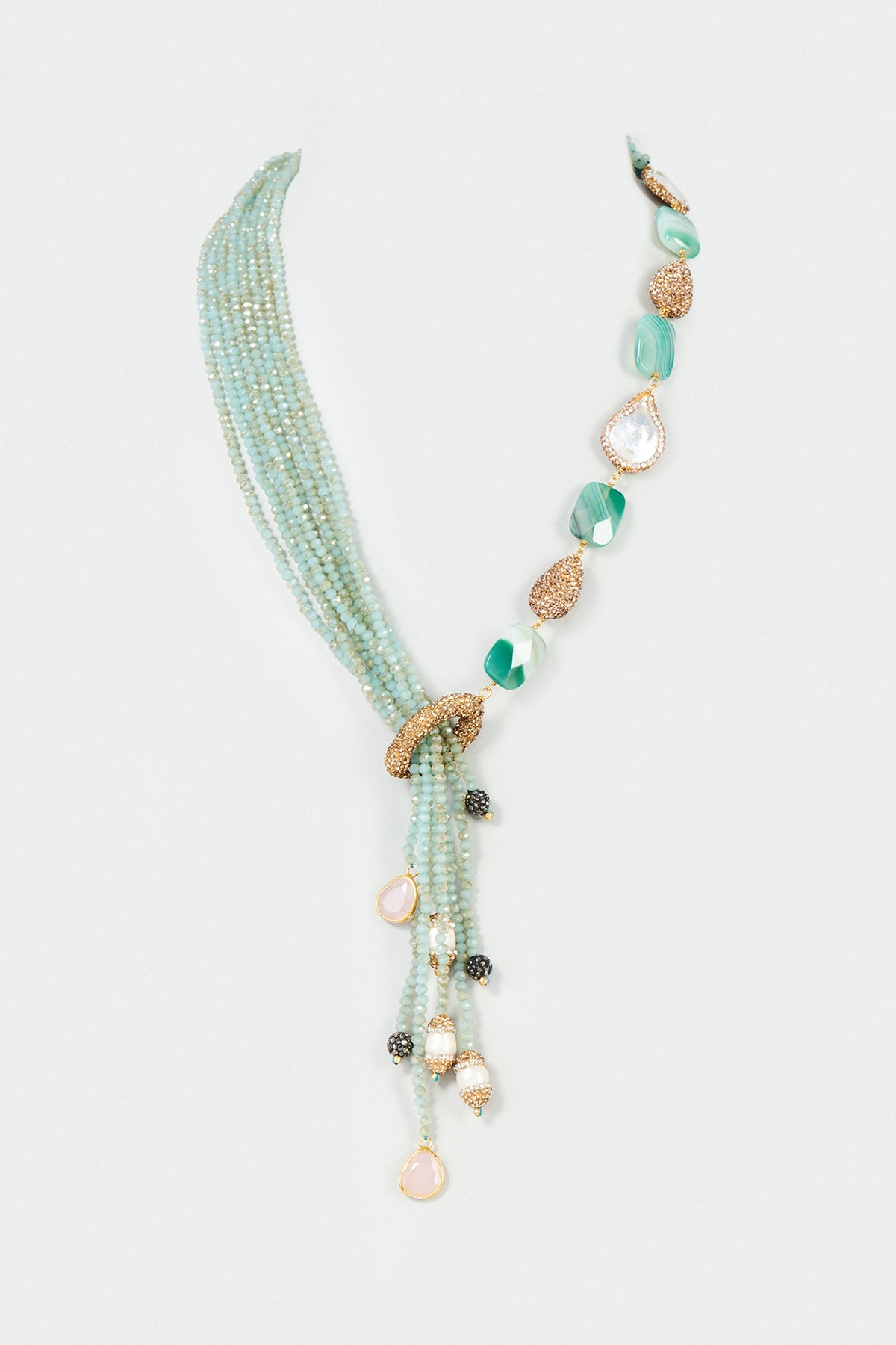 Gold Finish Multi-Colored Semi-Precious Stone & Crystal Bead Necklace