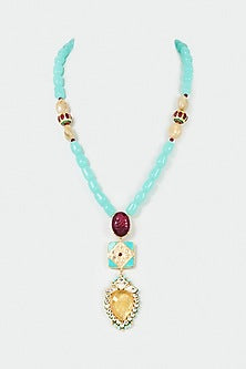Gold Finish Blue Semi-Precious Stone & Imitation Polki Meenakari Necklace