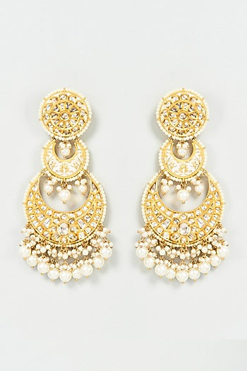 Gold Finish White Imitation Polki & Faux Pearl Chandbali Earrings