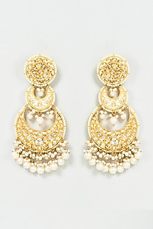 Gold Finish White Imitation Polki & Faux Pearl Chandbali Earrings