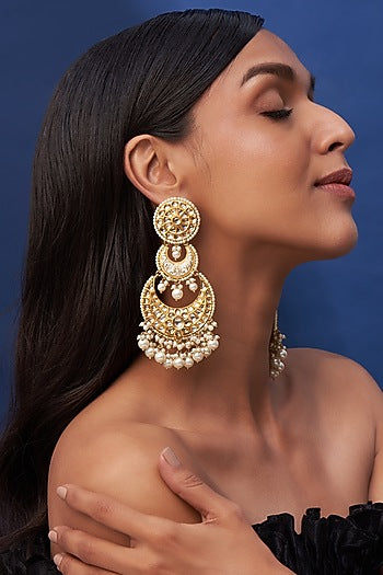 Gold Finish White Imitation Polki & Faux Pearl Chandbali Earrings