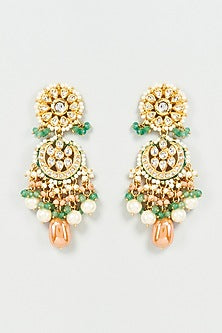 Gold Finish Green Imitation Polki & Semi-Precious Stone Dangler Earrings