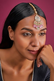 Gold Finish Pink Imitation Kundan Meenakari Maang Tikka