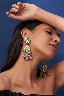 Gold Finish Grey Quartz & Imitation Polki Dangler Earrings