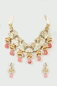 Gold Finish Pink Quartz & Imitation Polki Meenakari Necklace Set