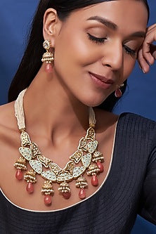 Gold Finish Pink Quartz & Imitation Polki Meenakari Necklace Set