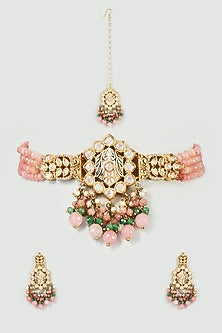 Gold Finish Pink Quartz & Imitation Polki Choker Necklace Set