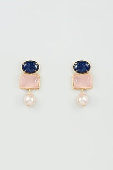Gold Finish Pink Quartz & Semi-Precious Stone Earrings