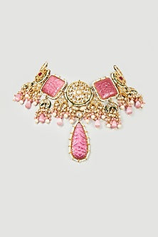 Gold Finish Pink Imitation Polki & Semi-Precious Stone Meenakari Necklace