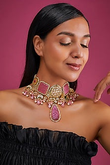 Gold Finish Pink Imitation Polki & Semi-Precious Stone Meenakari Necklace