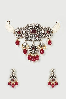 Two Tone Finish Red Imitation Polki & Semi-Precious Stone Choker Necklace Set