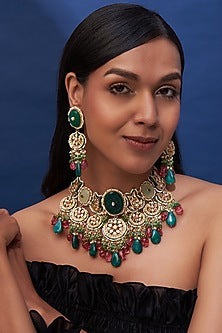 Black Rhodium Finish Green Quartz & Imitation Polki Choker Necklace Set