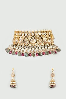 Gold Finish Multi-Colored Quartz & Imitation Polki Meenakari Choker Necklace Set