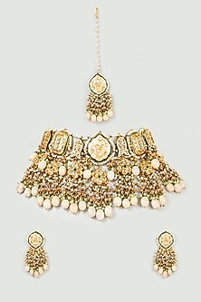 Gold Finish Pink Quartz & Imitation Polki Meenakari Necklace Set
