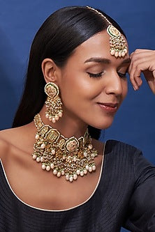 Gold Finish Pink Quartz & Imitation Polki Meenakari Necklace Set