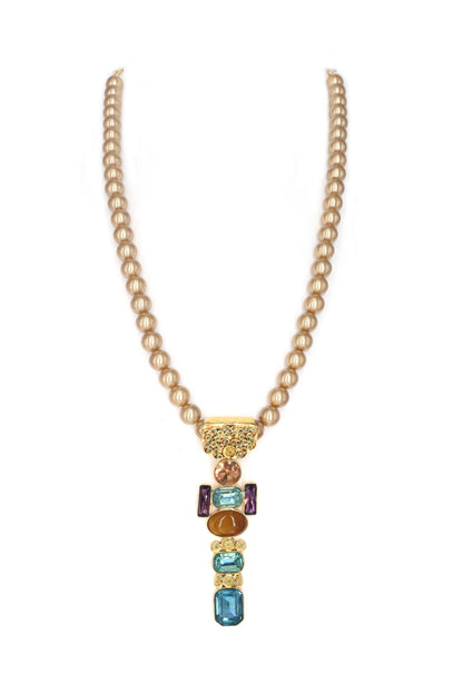 Gold Finish Semi-Precious Stone & Shell Pearl Necklace