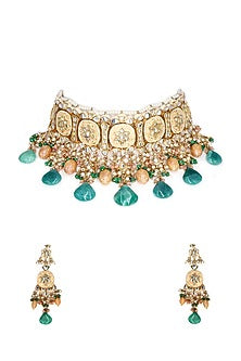 Gold Finish Green Quartz & Kundan Polki Choker Necklace Set