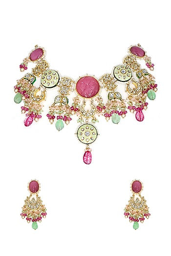 Gold Finish Pink Kundan Polki & Semi-Precious Stone Necklace Set