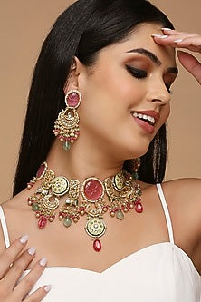 Gold Finish Pink Kundan Polki & Semi-Precious Stone Necklace Set