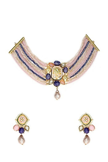 Gold Finish Multi-colored Semi-Precious Stone & Crystal Bead Necklace Set