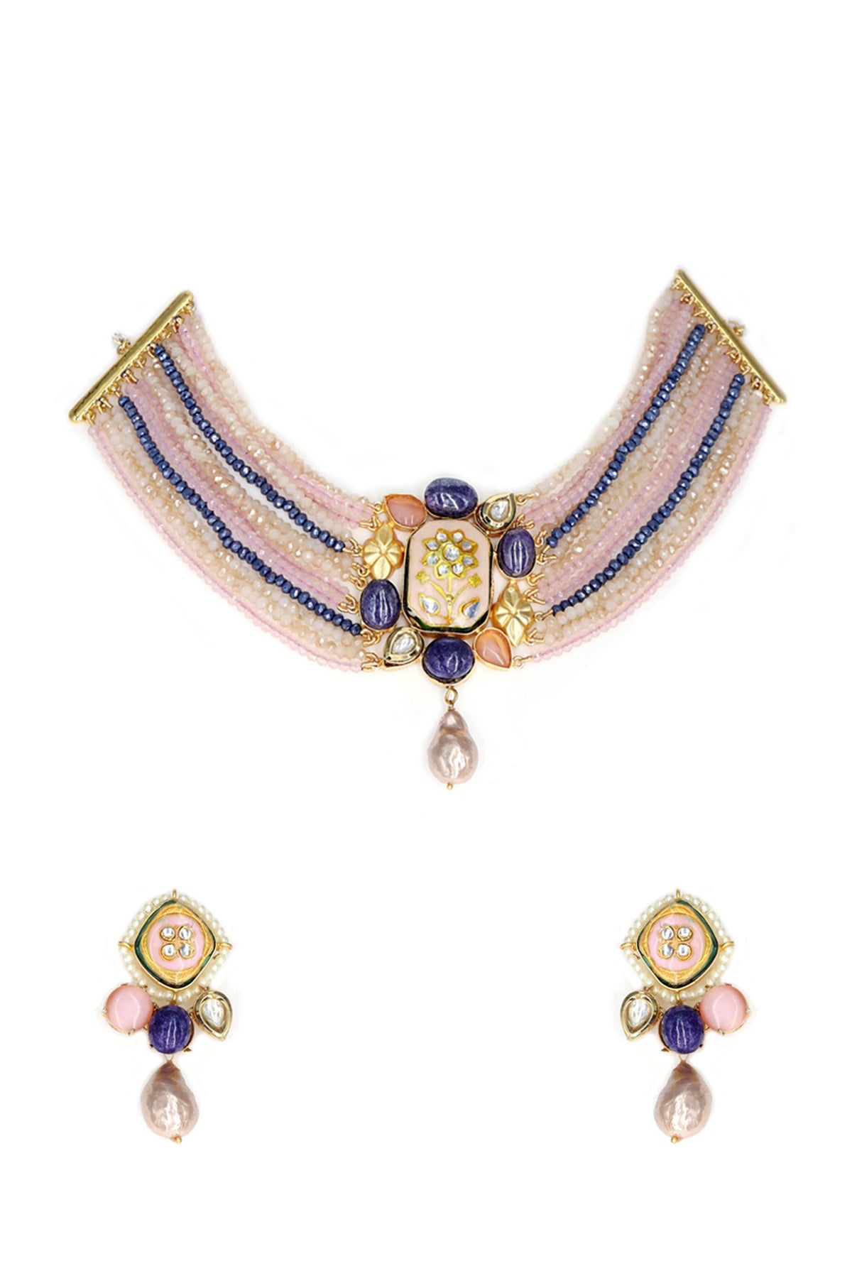 Gold Finish Multi-colored Semi-Precious Stone & Crystal Bead Necklace Set