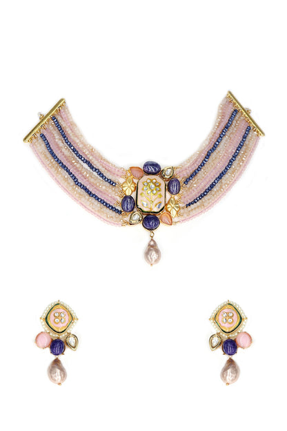 Gold Finish Multi-colored Semi-Precious Stone & Crystal Bead Necklace Set