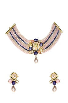 Gold Finish Multi-colored Semi-Precious Stone & Crystal Bead Necklace Set