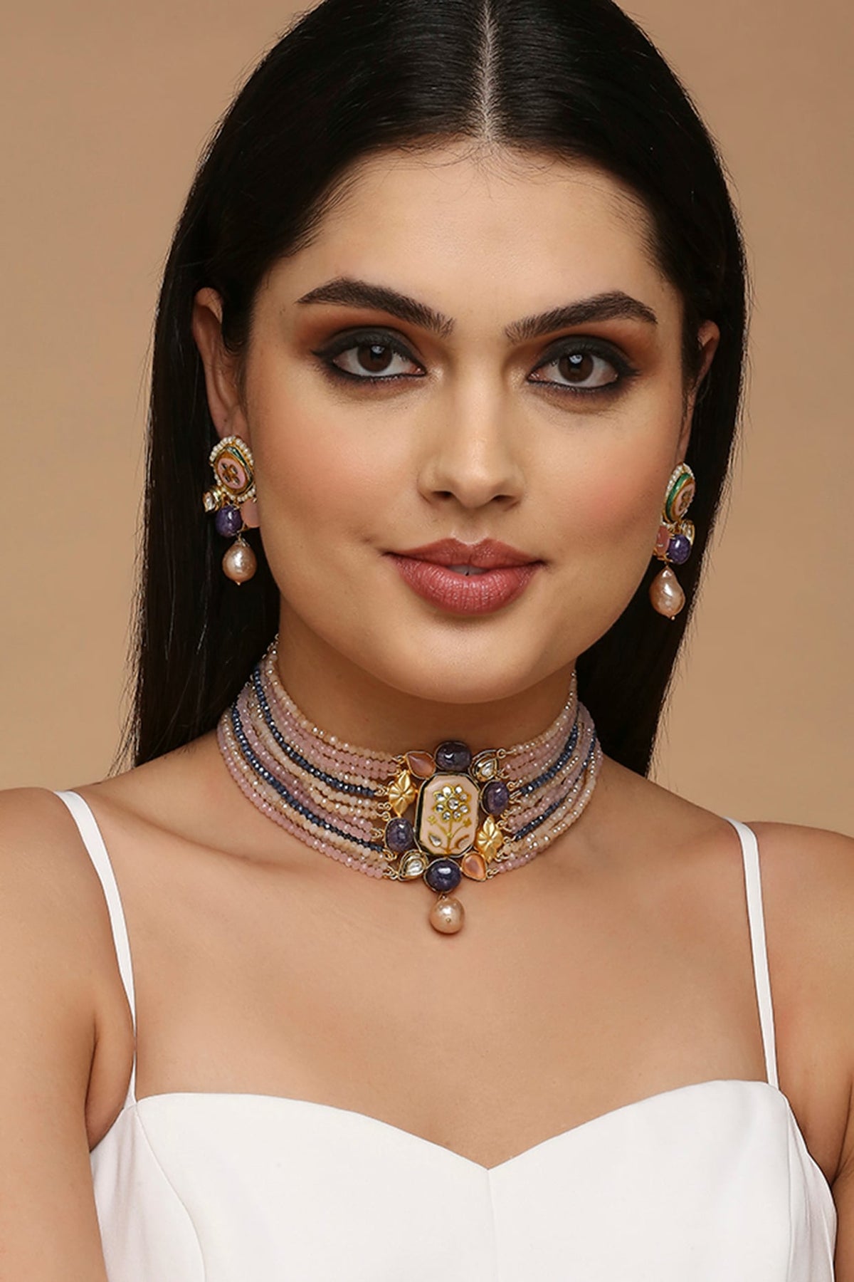 Gold Finish Multi-colored Semi-Precious Stone & Crystal Bead Necklace Set