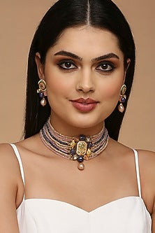 Gold Finish Multi-colored Semi-Precious Stone & Crystal Bead Necklace Set
